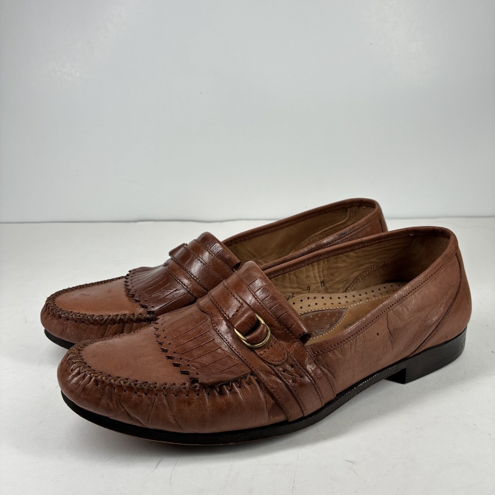 Adolfo Italy Men's US 9M Cognac Brown Leather Kiltie Fringe Strap Dress Loafers
